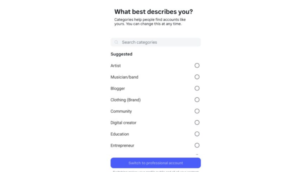Choose Instagram Category