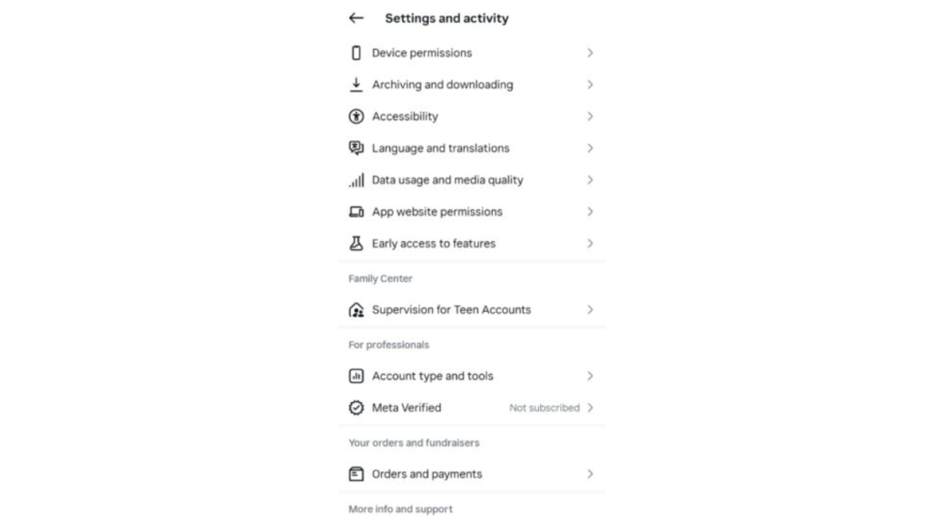Instagram Setting and activity page